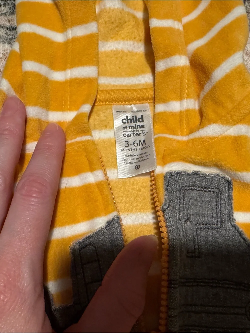 Carter's Yellow & White Striped Hooded Zip Romper with Gray Excavator Patch